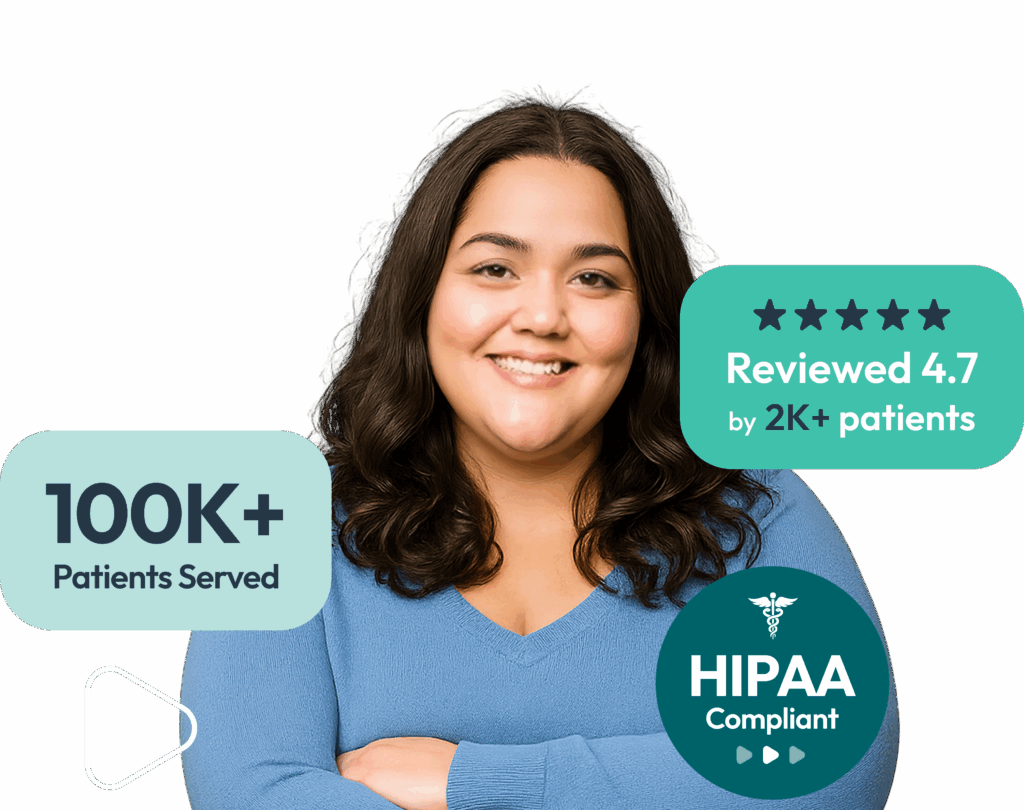 Woman in blue shirt and brown hair surrounded by QuickMD reviews for weight loss treatment
