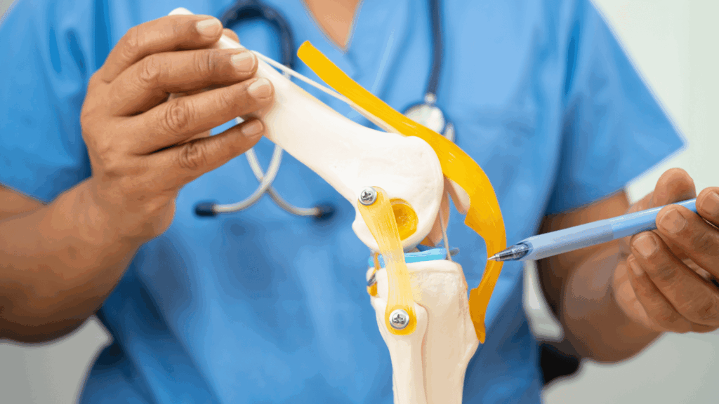 Medical professional demonstrating knee joint anatomy with a model, pointing to ligaments and cartilage used in discussions of osteoarthritis and joint pain treatment