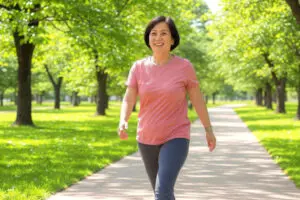 woman walking in the park reflecting on hormone therapy
