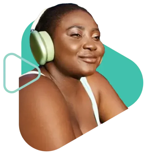 African american woman with green headphones in a triangle