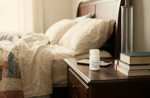 A bottle of Wellbutrin on a bedside nightstand, representing the discussion of using antidepressant medication for anxiety under the guidance of a QuickMD professional.