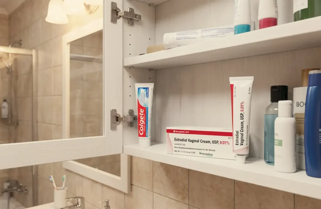 Open bathroom medicine cabinet with estradiol vaginal cream (0.01%) and other personal care products on the shelf.