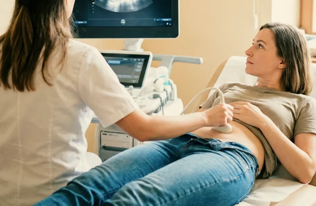 A woman undergoes an abdominal ultrasound exam, a diagnostic step a QuickMD provider may recommend when evaluating primary ovarian insufficiency.