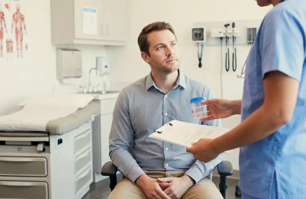 Patient in a medical exam room receiving a urine sample cup from a clinician, illustrating drug testing for substances like kratom.