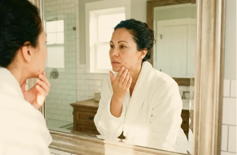 Middle-aged woman in white bathrobe examining menopause acne on her chin while looking in bathroom mirror