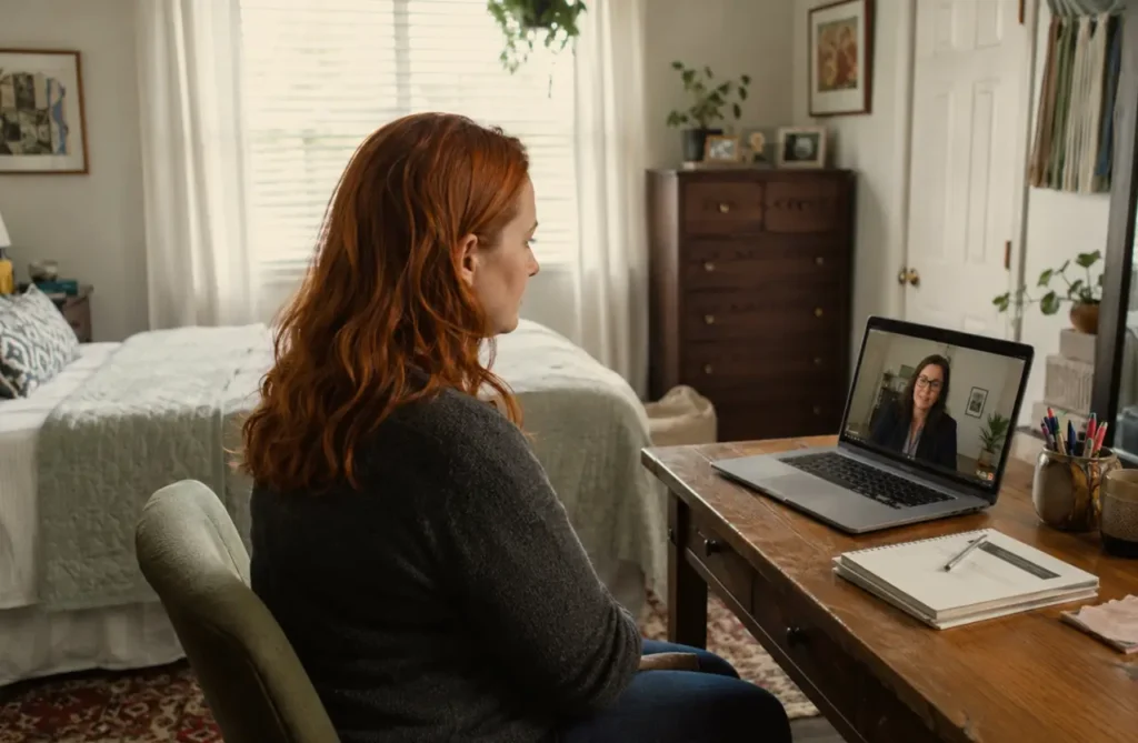 Woman with red hair attending an online therapy session for depression treatment via laptop in her bedroom