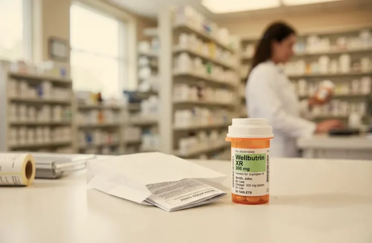 Wellbutrin XR 300mg bupropion prescription bottle on pharmacy counter with pharmacist and medication shelves in background