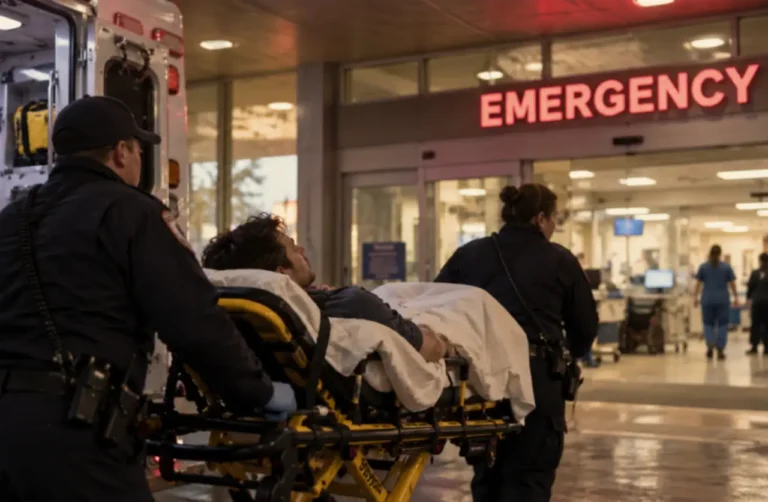 EMTs rushing an unconscious patient on a stretcher into a hospital emergency room, signs of an opioid overdose