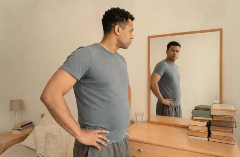 Man in gray t-shirt examining his body and stomach in a bedroom mirror, reflecting on weight changes from Suboxone.