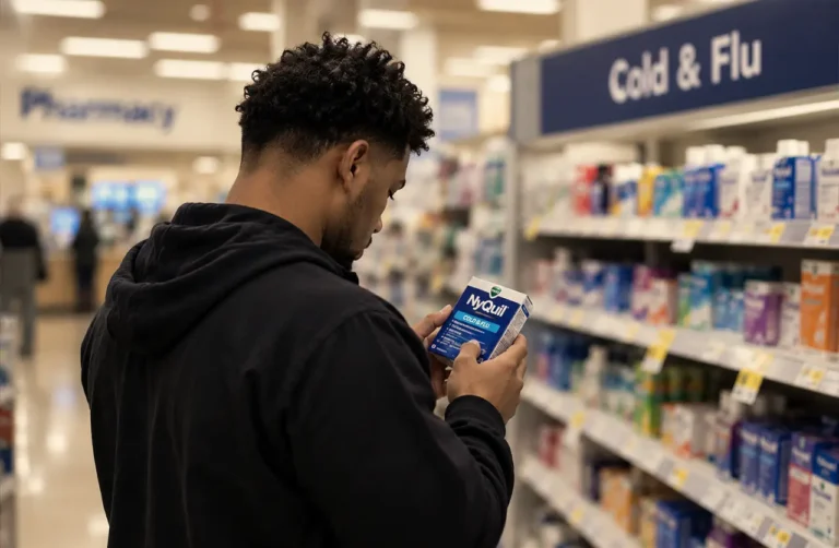 Man reading NyQuil Cold & Flu medicine label in pharmacy store aisle while on Suboxone treatment