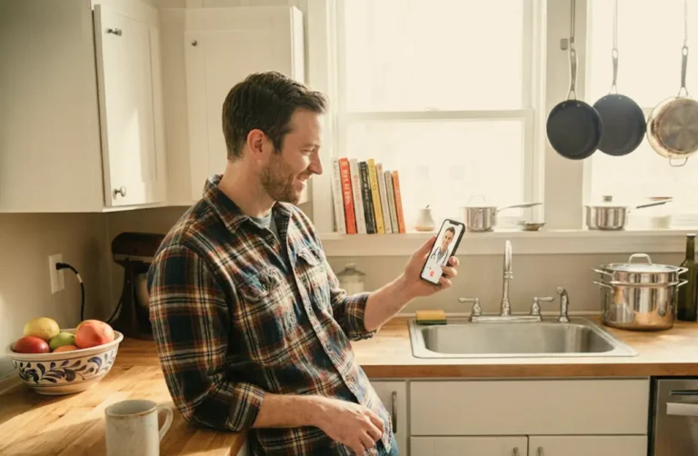Man smiling during a telehealth video call with a doctor on his smartphone in a cozy home kitchen