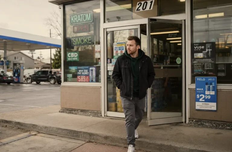 Man walking out of a convenience store selling kratom and CBD, representing kratom use disorder treatment with Suboxone.