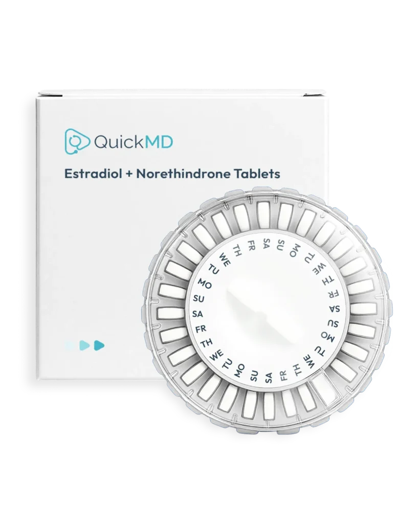QuickMD Estradiol + Norethindrone Tablets box with a circular daily pill dispenser showing days of the week