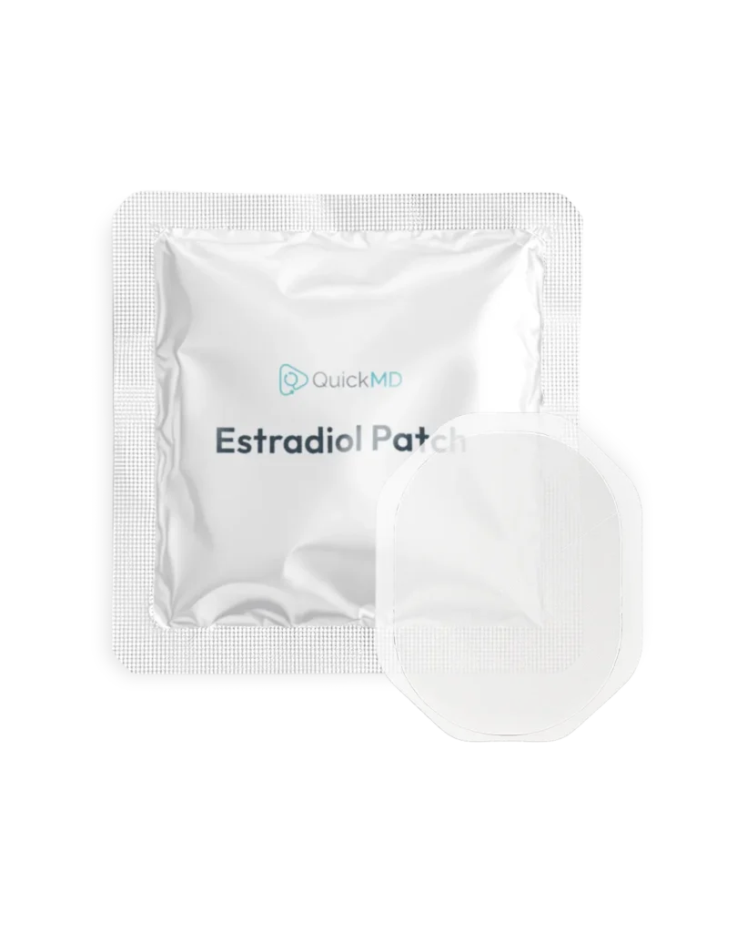 QuickMD Estradiol Patch in sealed foil packaging with a transdermal patch displayed beside it