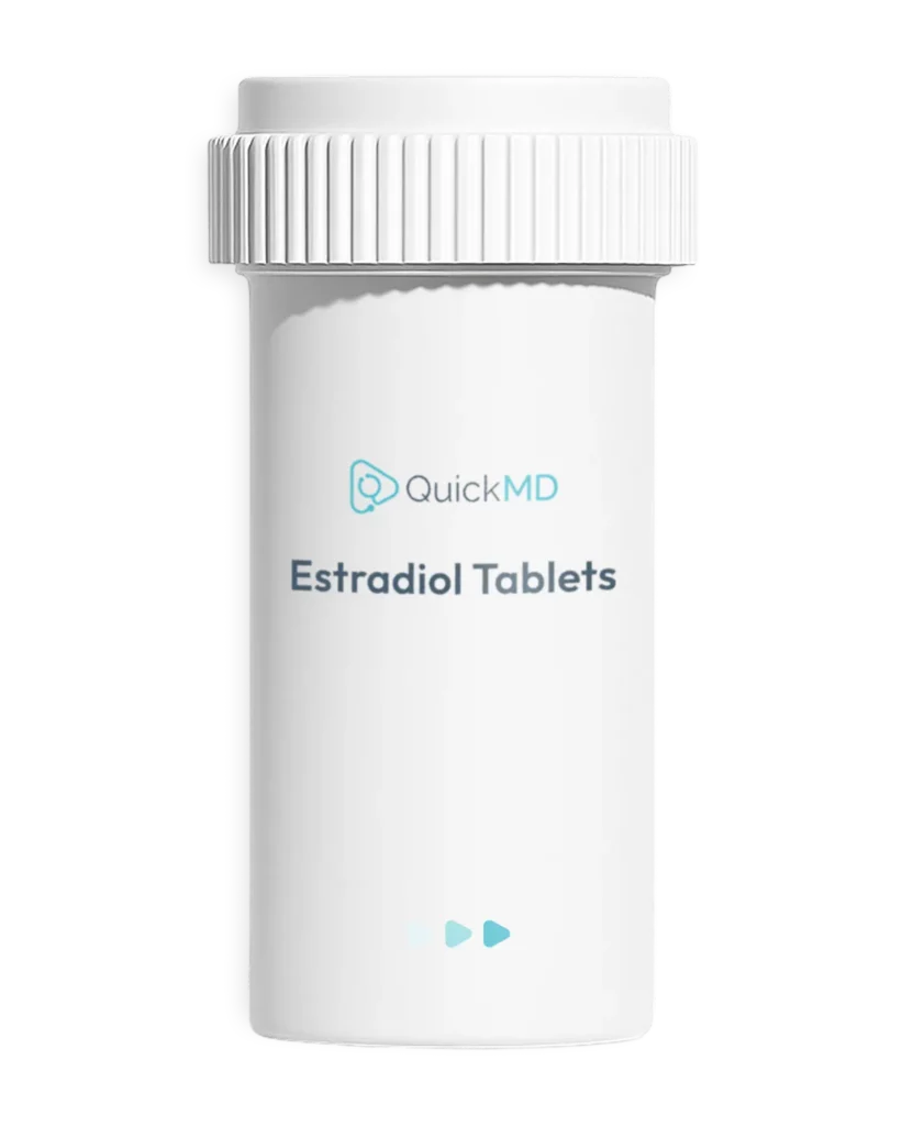 QuickMD Estradiol Tablets in a white prescription pill bottle with childproof cap on white background
