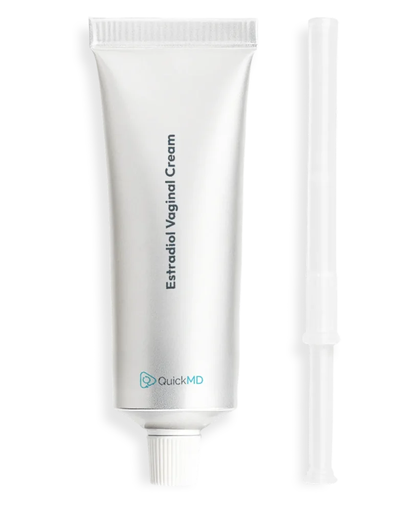 QuickMD Estradiol Vaginal Cream tube with applicator on white background, hormone therapy treatment