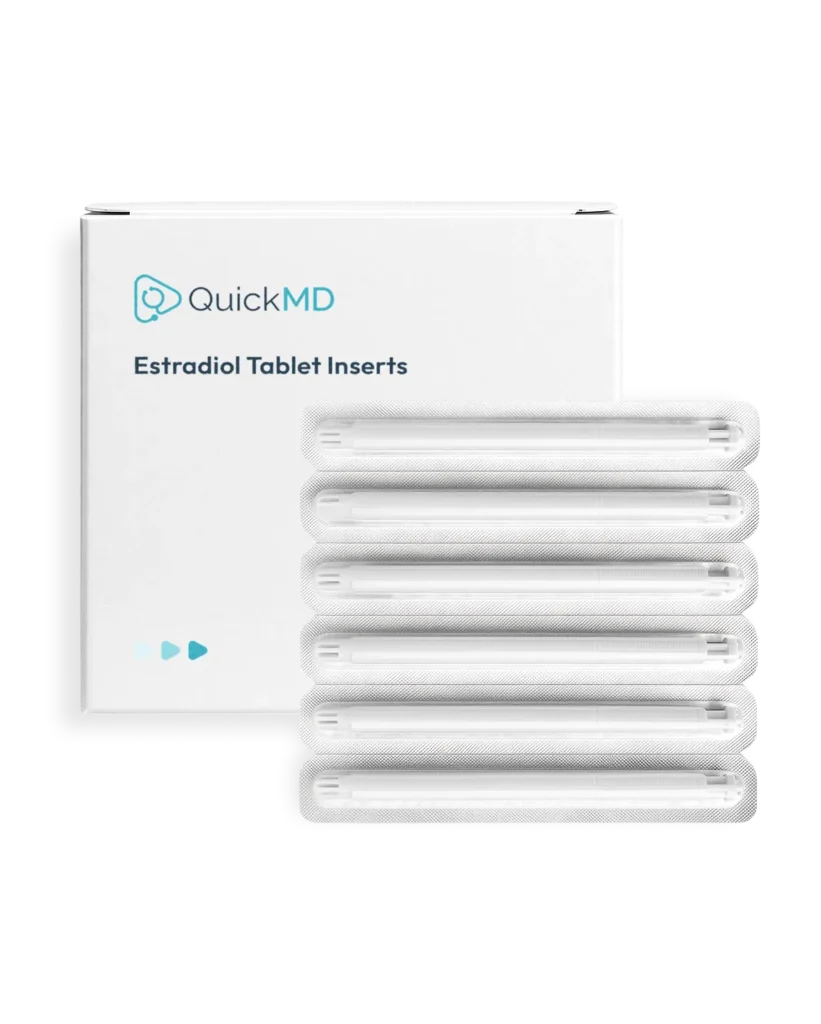 QuickMD Estradiol Tablet Inserts white box with six individually sealed applicator inserts stacked in front
