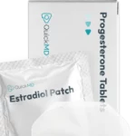 QuickMD Estradiol Patch packet and Progesterone Tablets box, hormone replacement therapy medications