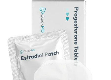 QuickMD Estradiol Patch packet and Progesterone Tablets box, hormone replacement therapy medications
