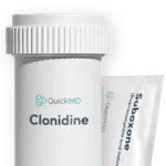 QuickMD Clonidine medication bottle alongside a Suboxone buprenorphine and naloxone packet on white background