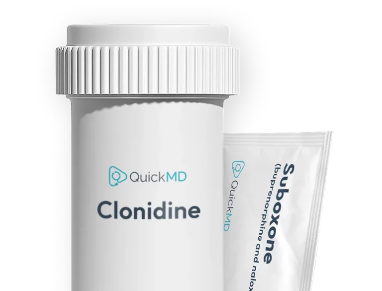 QuickMD Clonidine medication bottle alongside a Suboxone buprenorphine and naloxone packet on white background