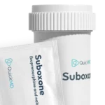 QuickMD Suboxone (buprenorphine and naloxone) medication bottle and film strip packet on white background