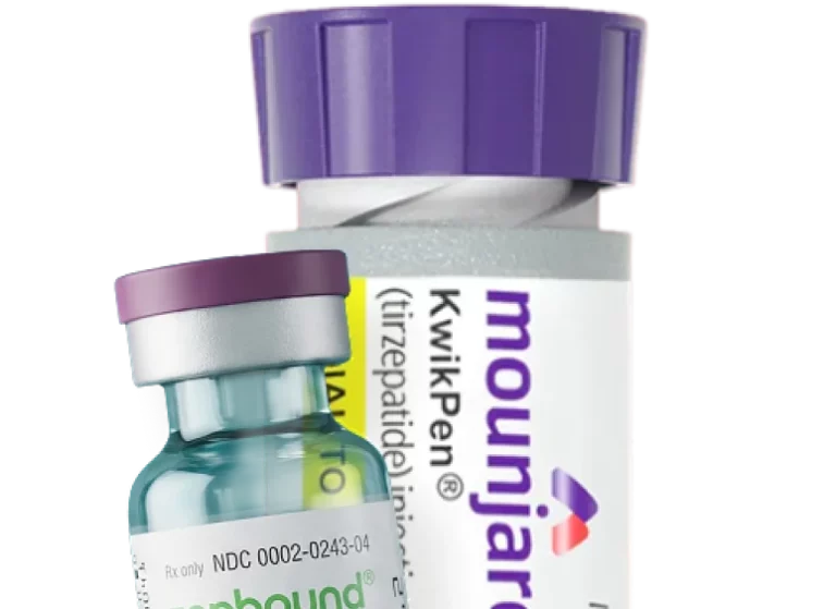 Mounjaro KwikPen tirzepatide injection autoinjector pen and Zepbound vial for weight management treatment