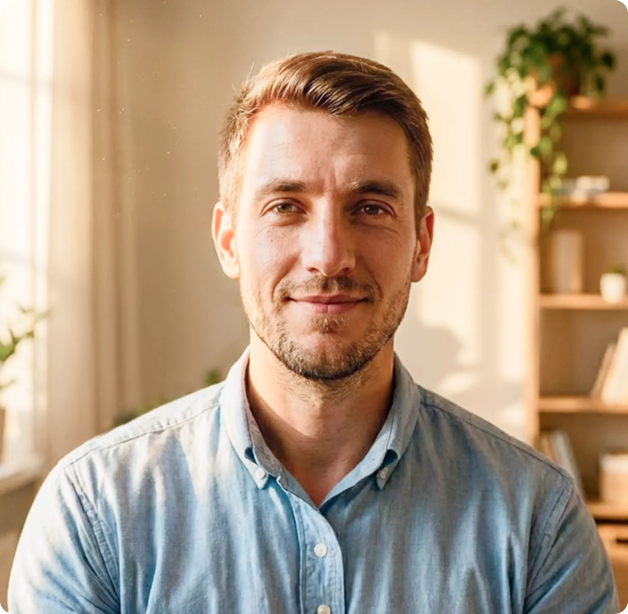 Smiling man with short brown hair and stubble wearing a blue shirt in a bright, plant-filled home office