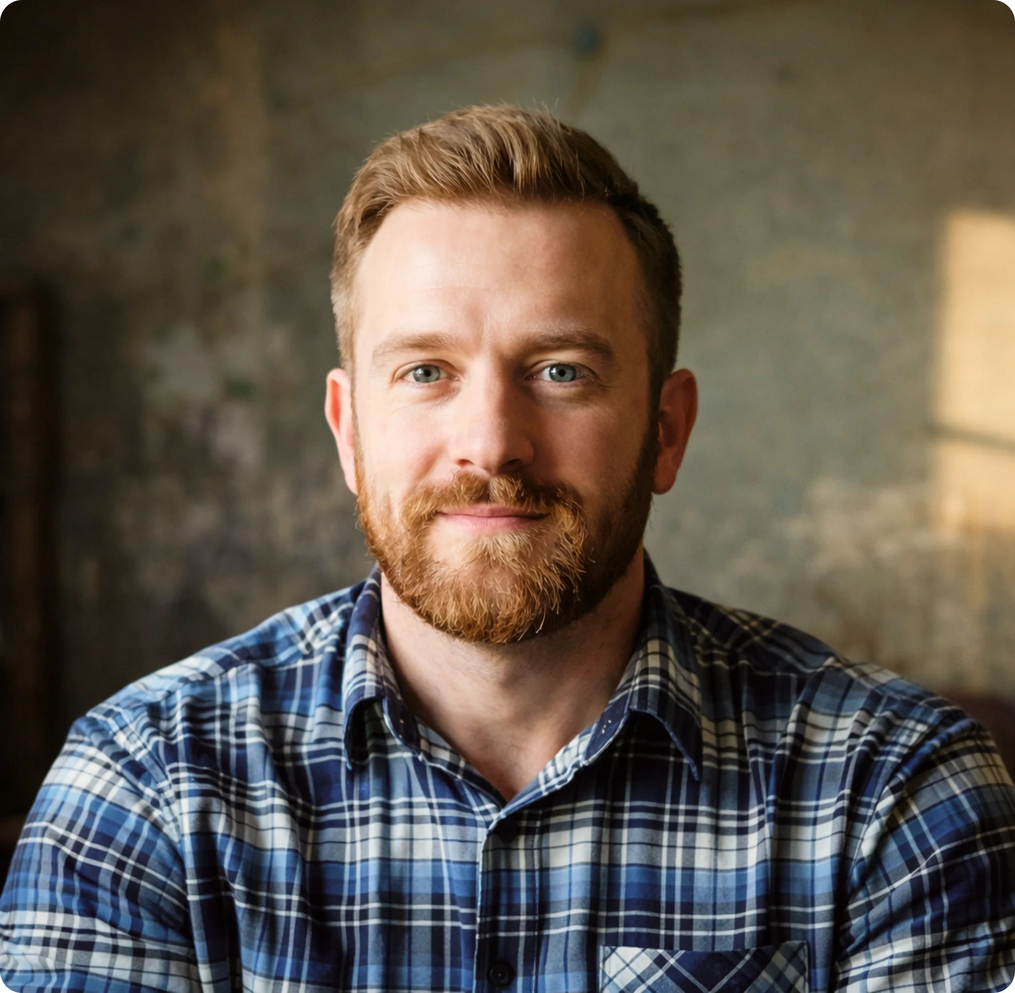 Smiling man with red beard and blue eyes wearing a blue plaid flannel shirt against a blurred rustic background