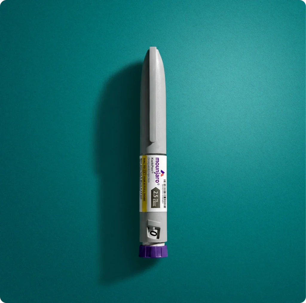 Mounjaro (tirzepatide) 2.5mg KwikPen injectable auto-injector pen on teal background for diabetes and weight loss treatment
