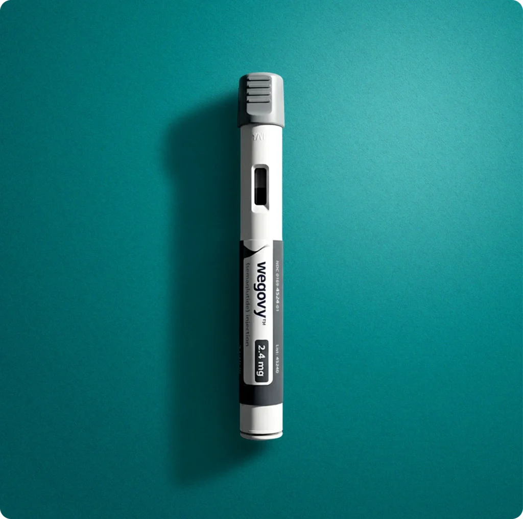 Wegovy (semaglutide) 2.4mg injectable pen on a teal background for weight management treatment
