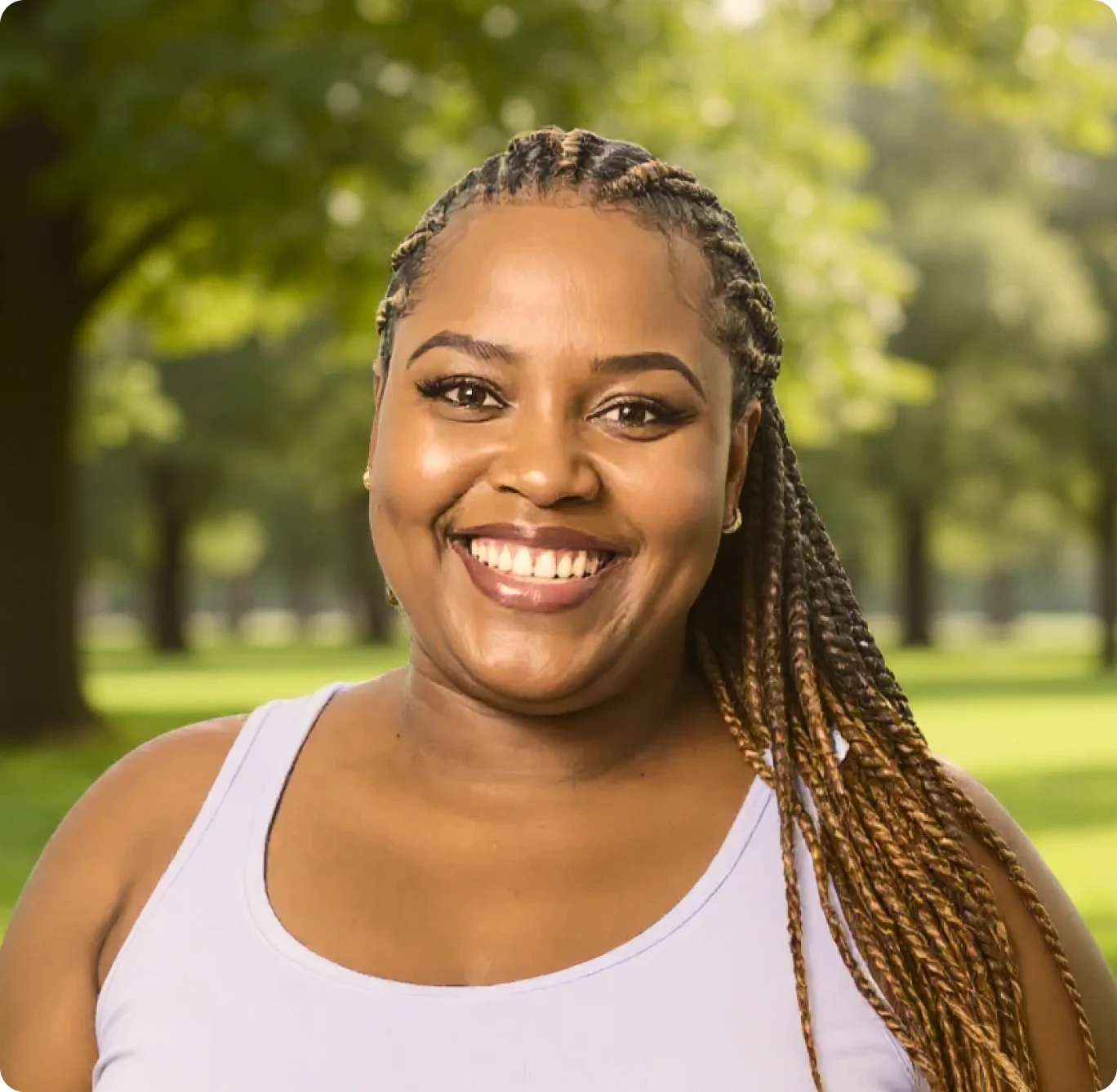 Smiling woman with braided hair wearing a white tank top outdoors in a sunny park, representing a healthy weight loss journey.