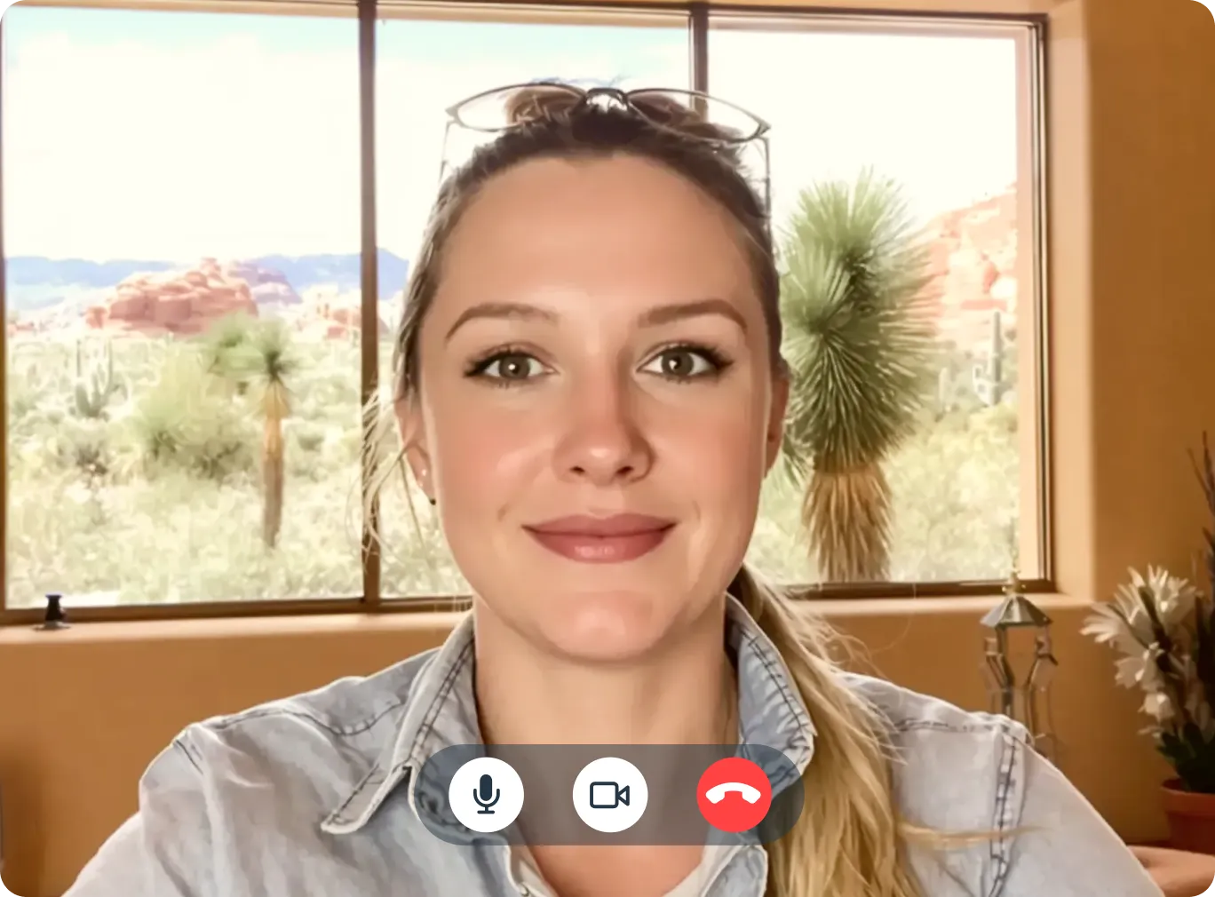 Woman smiling during a video call with a desert landscape visible through the window behind her