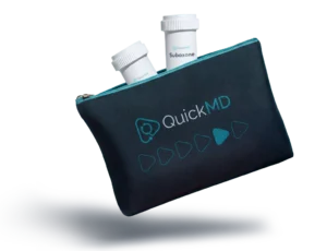 QuickMD branded pouch with Suboxone medication bottles, ideal for discreet and convenient medication storage