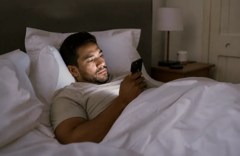 Man lying awake in bed at night scrolling on smartphone, illustrating insomnia and screen time sleep disruption
