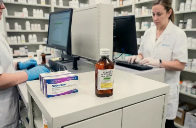 Pharmacy counter with Suboxone tablets and a methadone oral solution bottle, illustrating medications used in opioid treatment programs and telehealth-supported care.