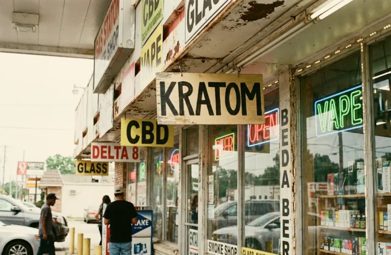 Storefront with signs advertising kratom, CBD, and vape products, illustrating access to substances discussed in addiction and recovery topics.