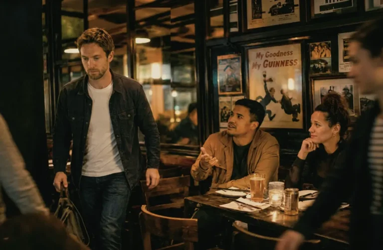 Man walking away from a bar setting while friends sit at a table with drinks, representing setting boundaries in recovery