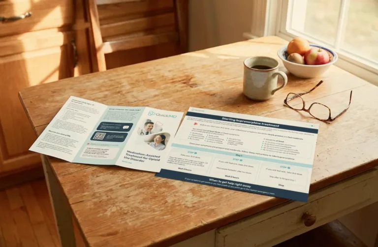 A QuickMD medication-assisted treatment brochure for opioid use disorder open on a kitchen table, showing buprenorphine dosing instructions.
