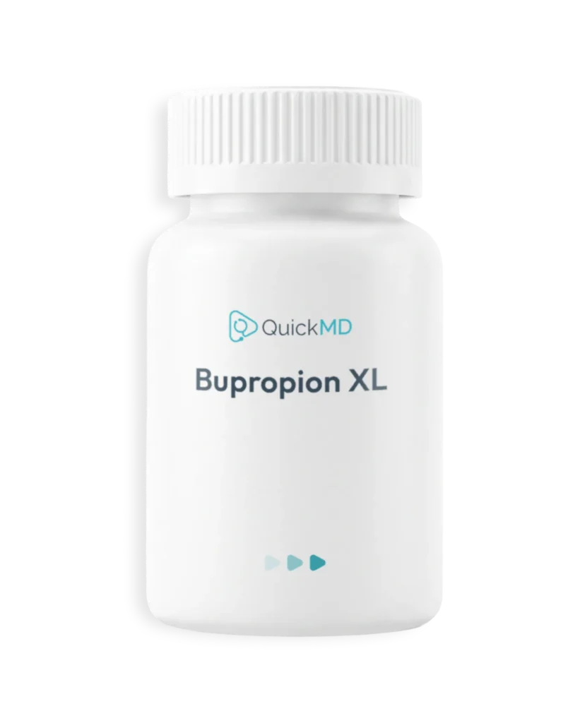QuickMD Bupropion XL medication bottle, white prescription pill container with childproof cap