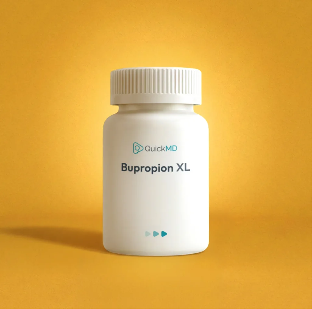QuickMD Bupropion XL medication bottle with white cap on a yellow background