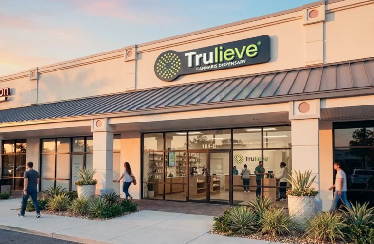 The storefront of a Trulieve cannabis dispensary, highlighting the types of products patients should discuss with their QuickMD provider to avoid potential risks while on Suboxone.