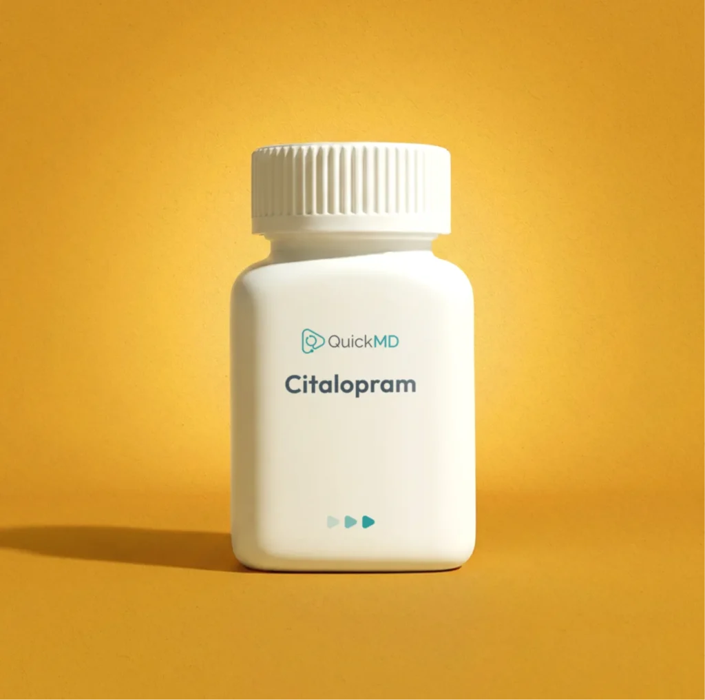 QuickMD Citalopram antidepressant medication bottle with white cap on a yellow background