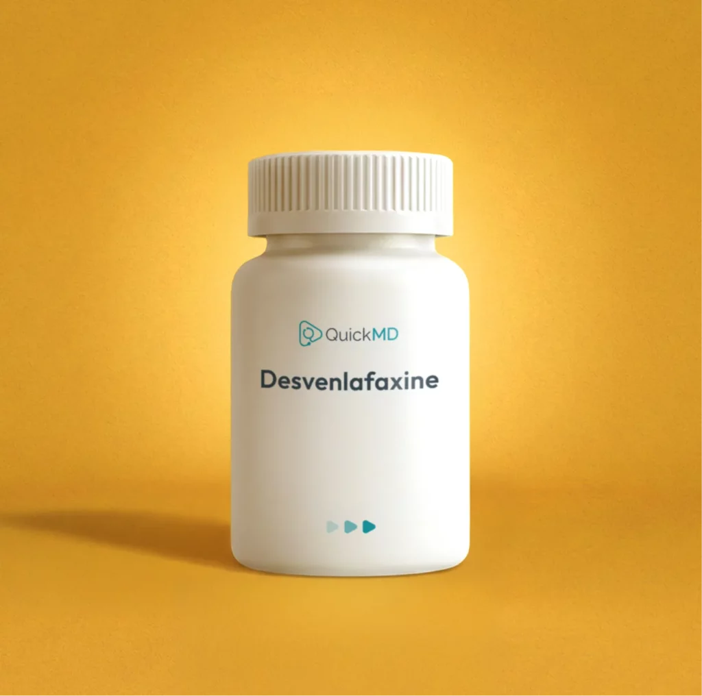 QuickMD Desvenlafaxine medication bottle with white cap on a yellow background