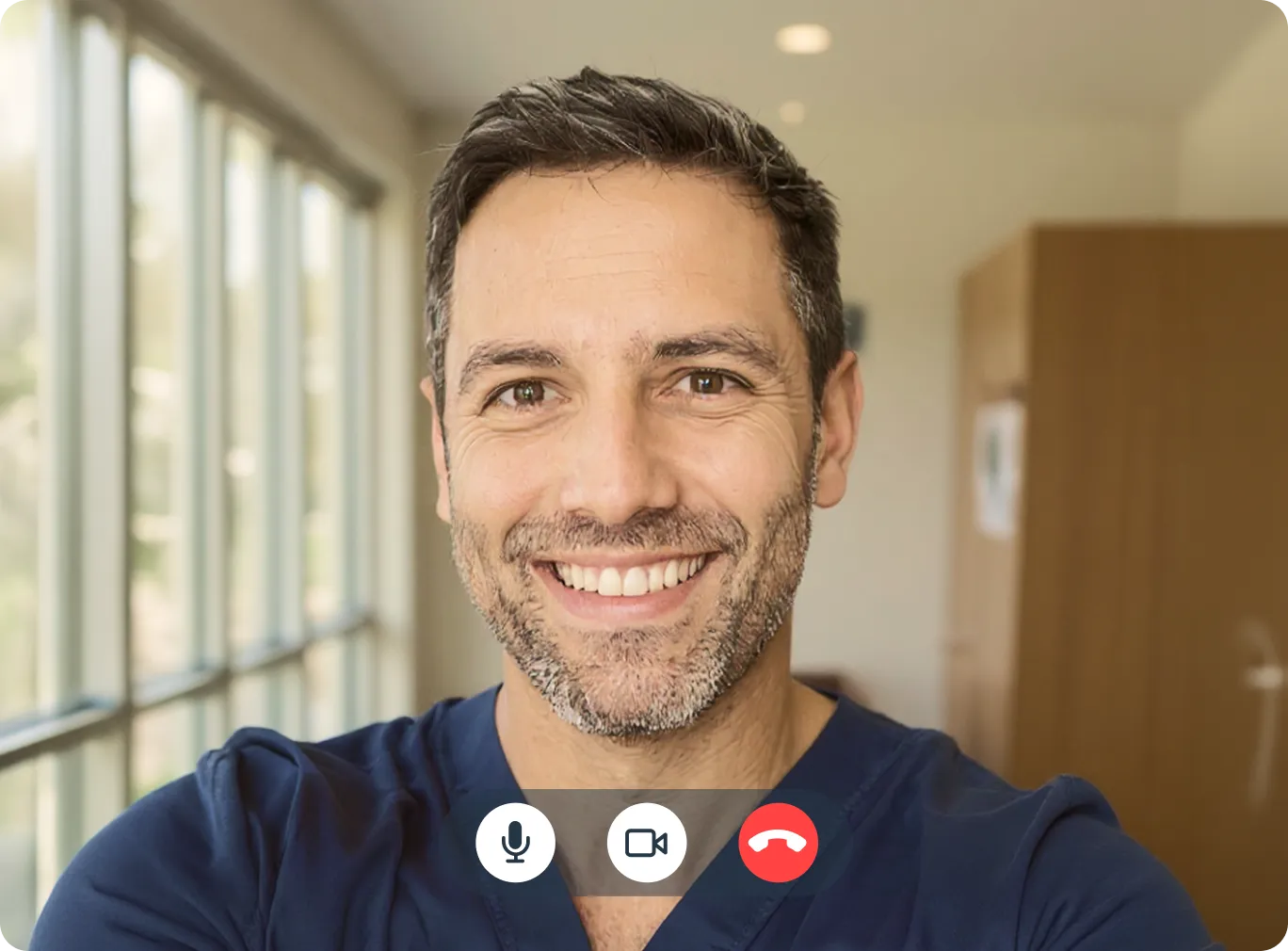 Doctor smiling during a telemedicine video consultation, wearing blue scrubs in a medical office setting