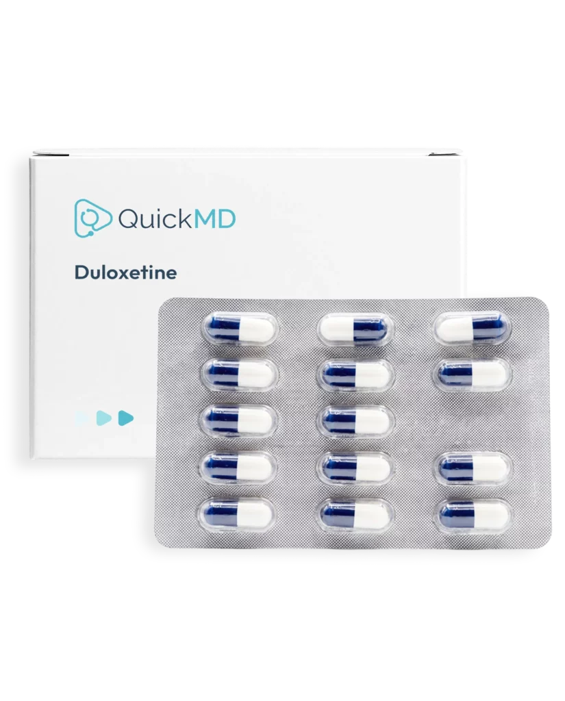 QuickMD Duloxetine medication box with blister pack of 15 blue and white capsules
