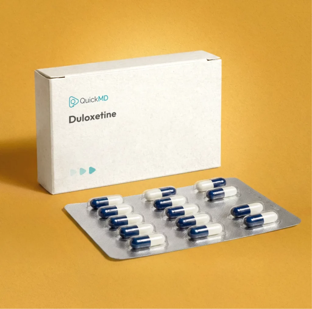 QuickMD Duloxetine medication box with blister pack of blue and white capsules on a golden background.