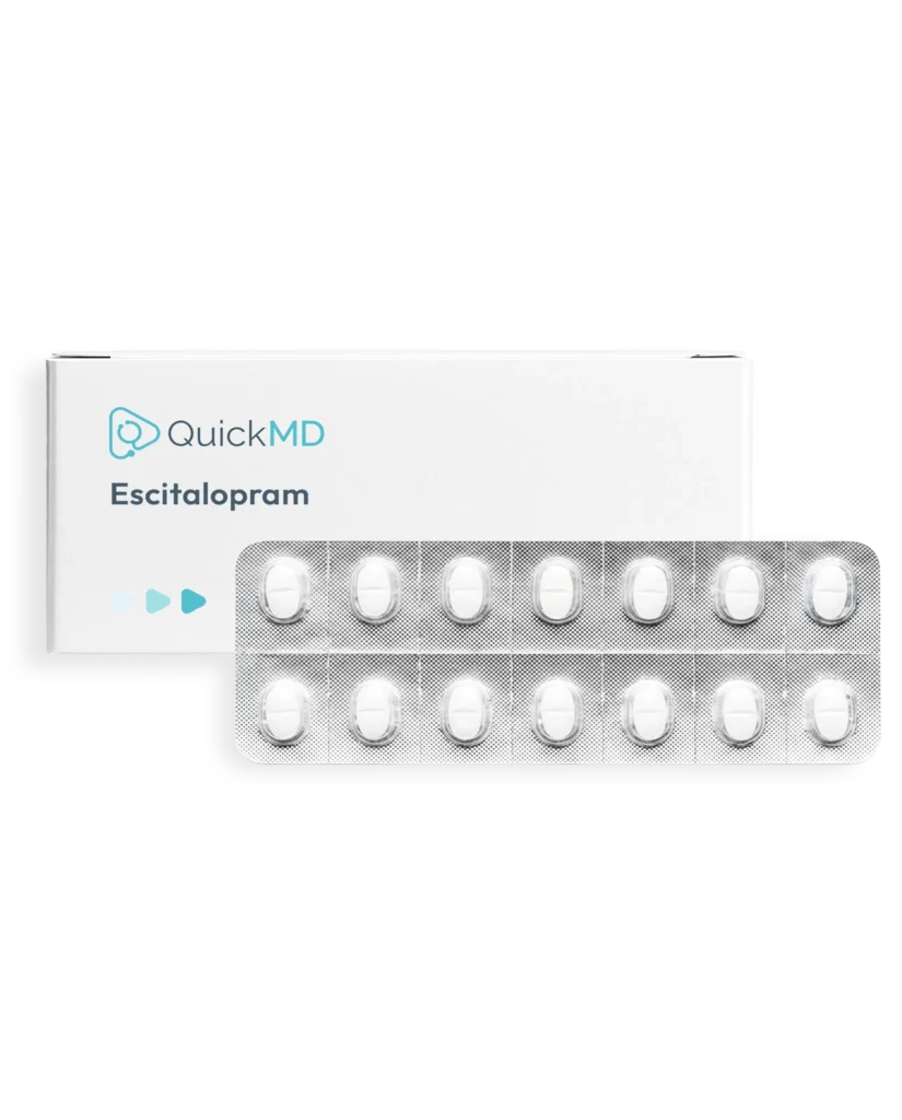 QuickMD Escitalopram medication box with blister pack of white oval tablets for anxiety and depression treatment