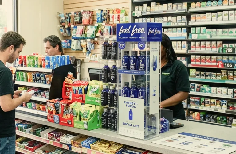 A display of Feel Free botanical drinks at a convenience store counter, highlighting the importance of consulting a QuickMD professional about herbal supplements that may interfere with addiction treatment.