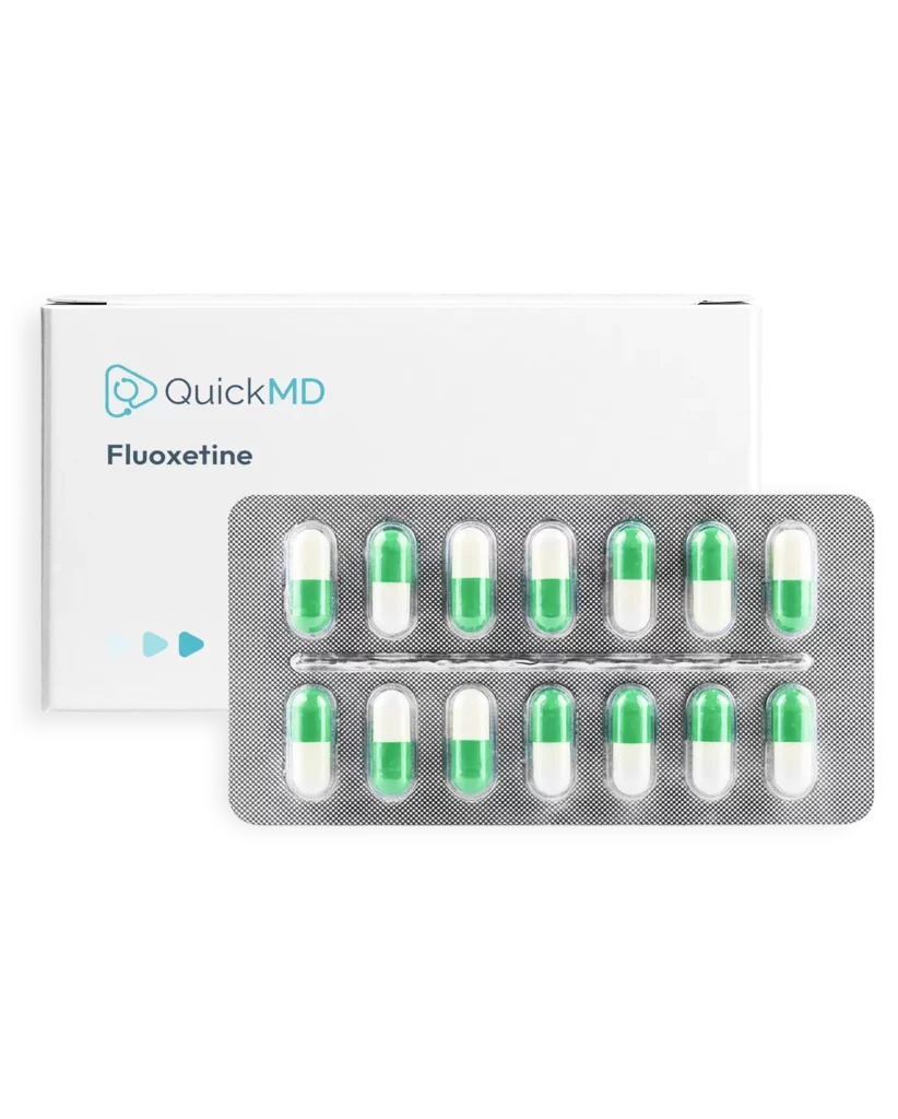 QuickMD Fluoxetine blister pack with green and white capsules alongside white medication packaging box